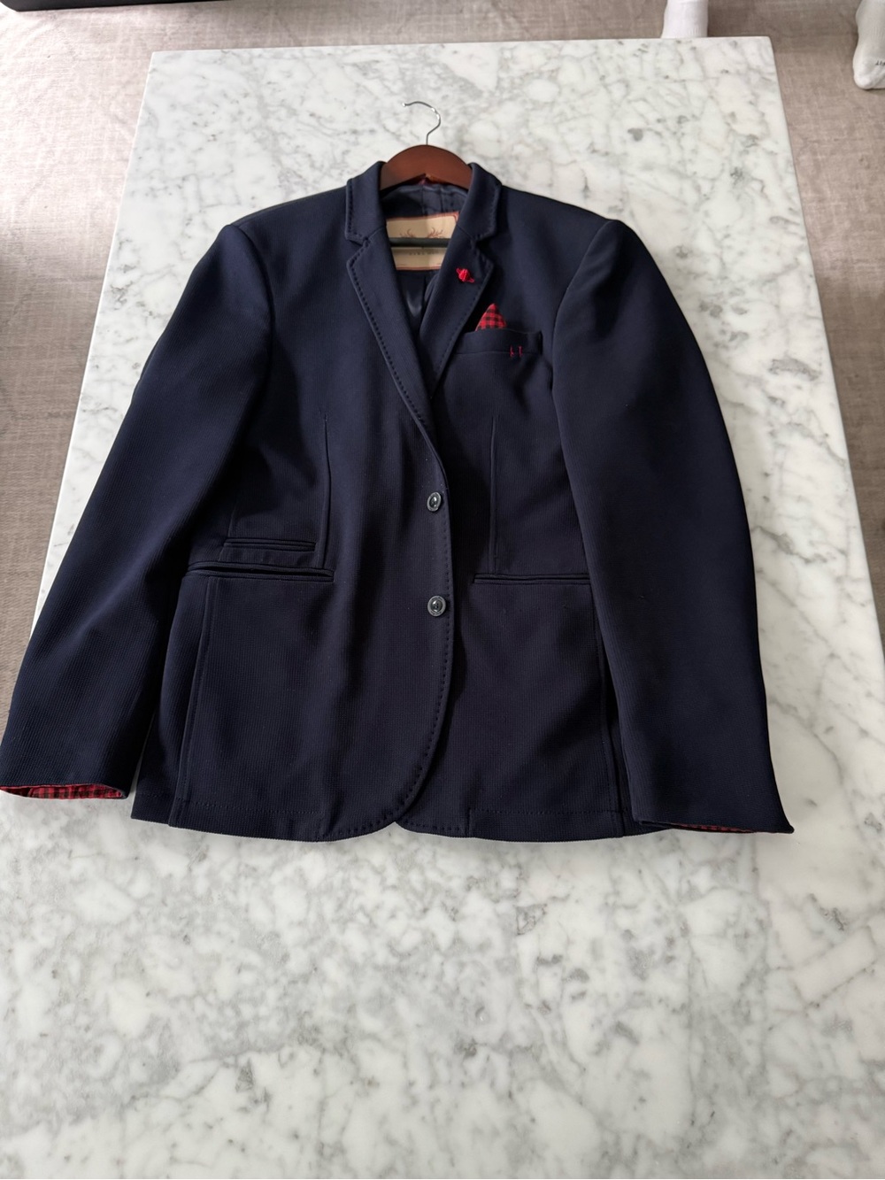 Zara Navy Blazer with Red Pocket Square Detail
